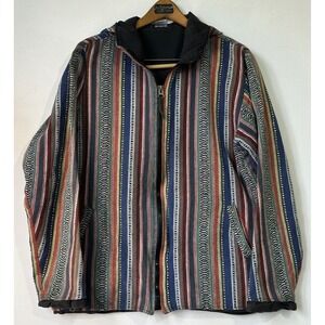 Ganesh Himal Hooded Jacket Woven Striped Lined Mens XL Multi Color Excellent